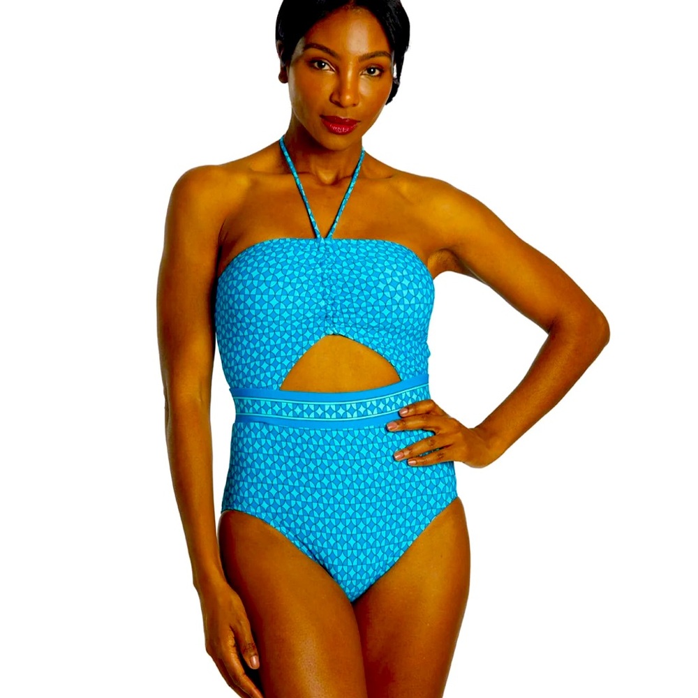 Michael Kors Women's Geo Print Bandeau Cut Out One Piece Swimsuit 
Cyan Blue